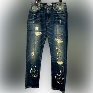 Miss Me Vintage Boyfriend Jeans Embroidered Paint spatter design 28